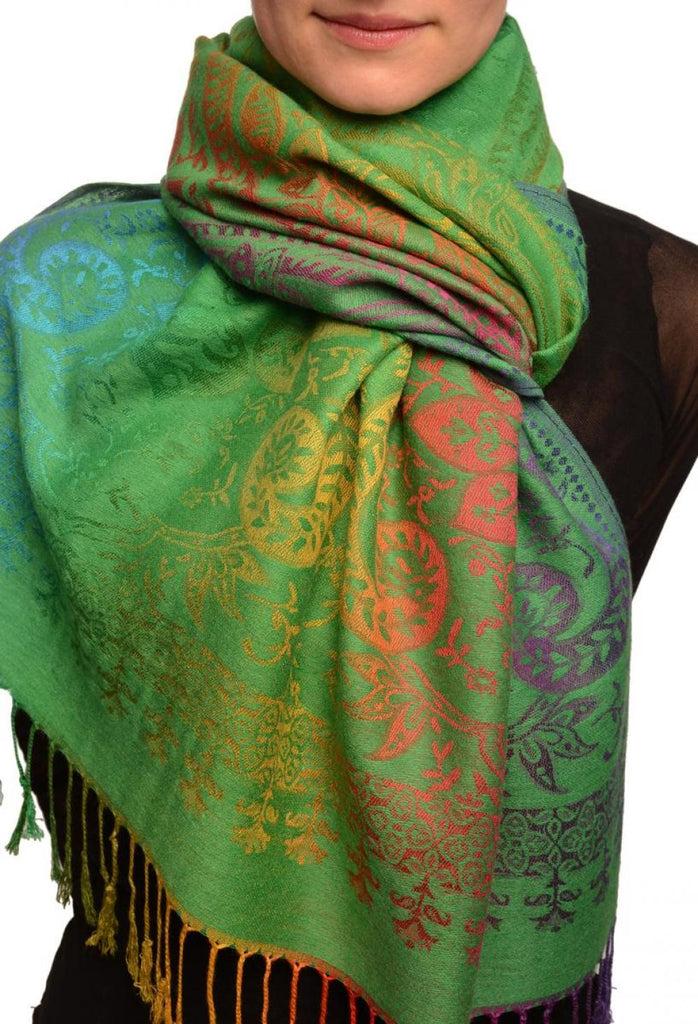 liss kiss Mirrored Ombre Paisleys On Grass Green Pashmina With Tassels - Scarf