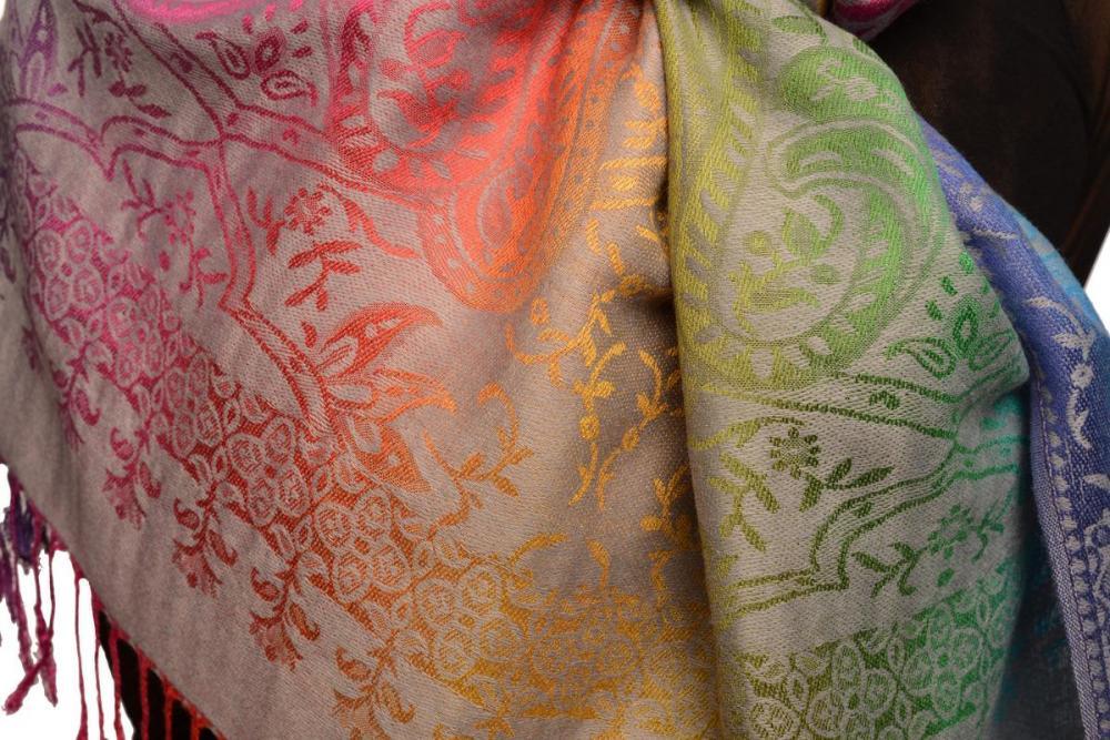 Liss Kiss Mirrored Ombre Paisleys On Grey Pashmina With Tassels - Scarf