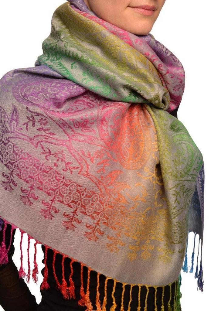 Liss Kiss Mirrored Ombre Paisleys On Grey Pashmina With Tassels - Scarf