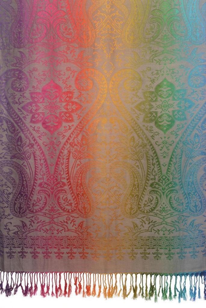 Liss Kiss Mirrored Ombre Paisleys On Grey Pashmina With Tassels - Scarf