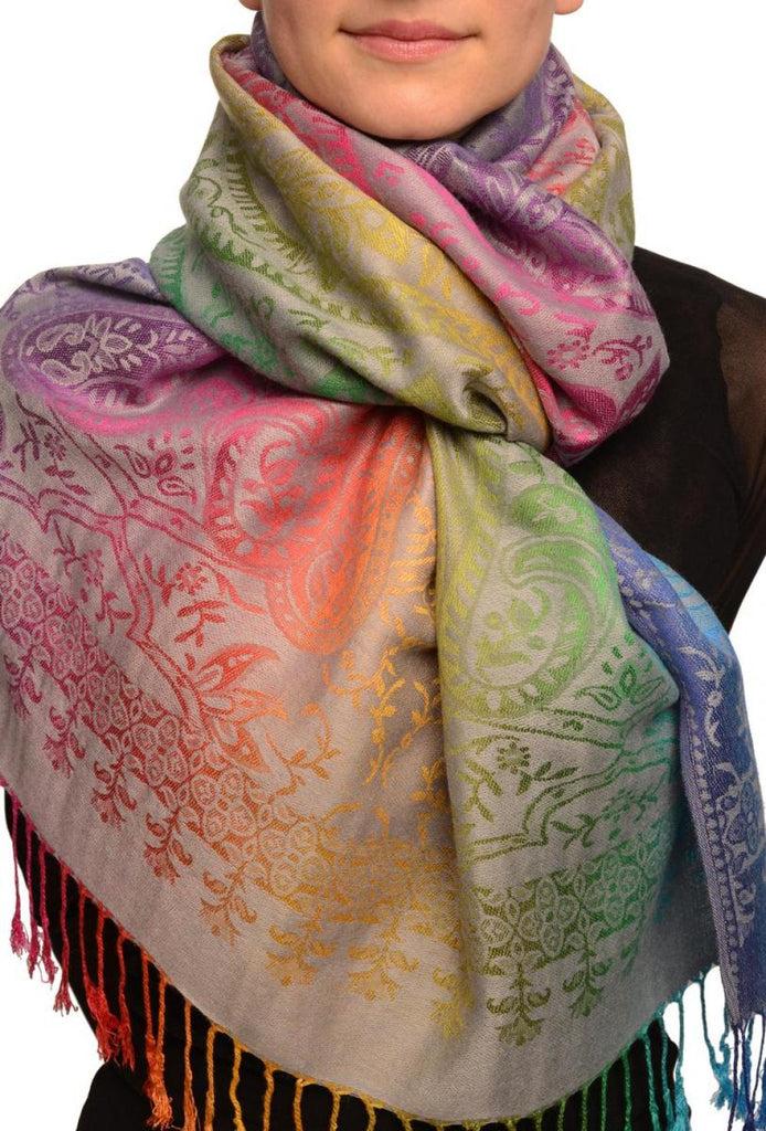 liss kiss Mirrored Ombre Paisleys On Grey Pashmina With Tassels - Scarf