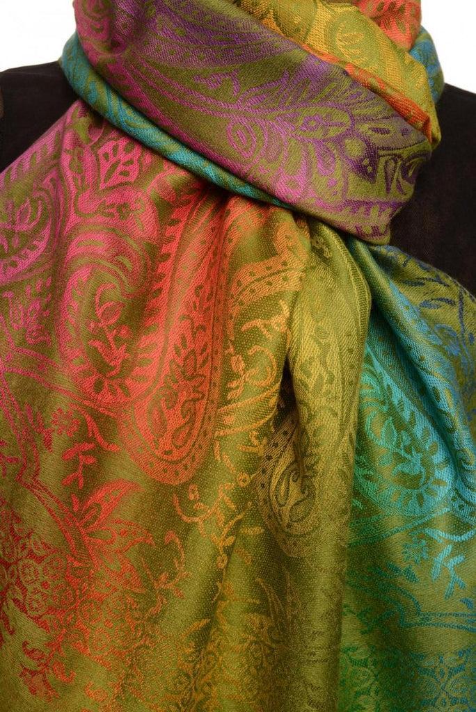 Liss Kiss Mirrored Ombre Paisleys On Olive Green Pashmina With Tassels - Scarf