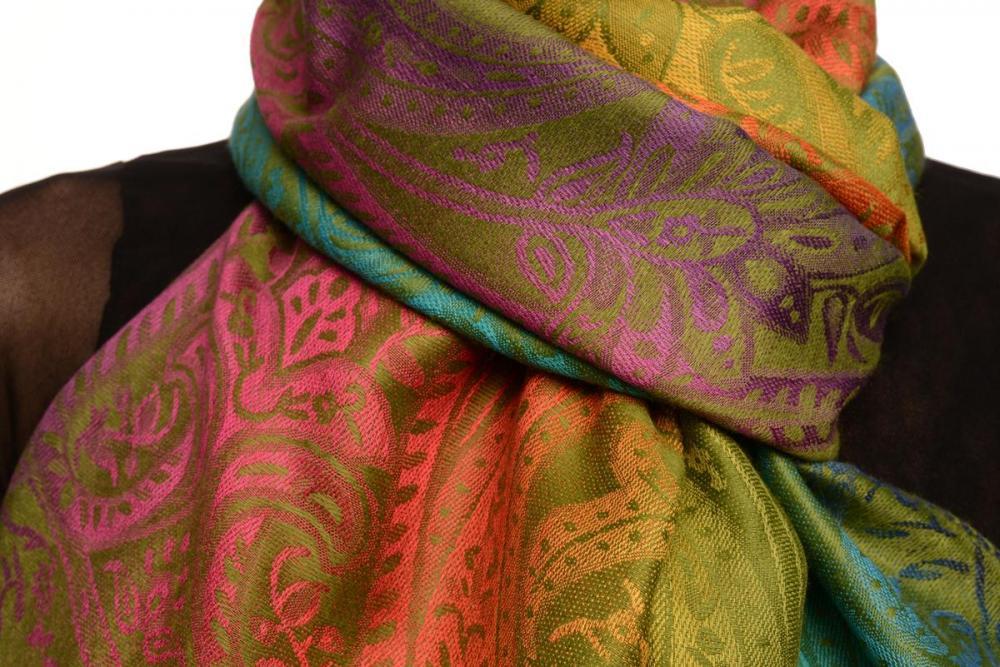 Liss Kiss Mirrored Ombre Paisleys On Olive Green Pashmina With Tassels - Scarf