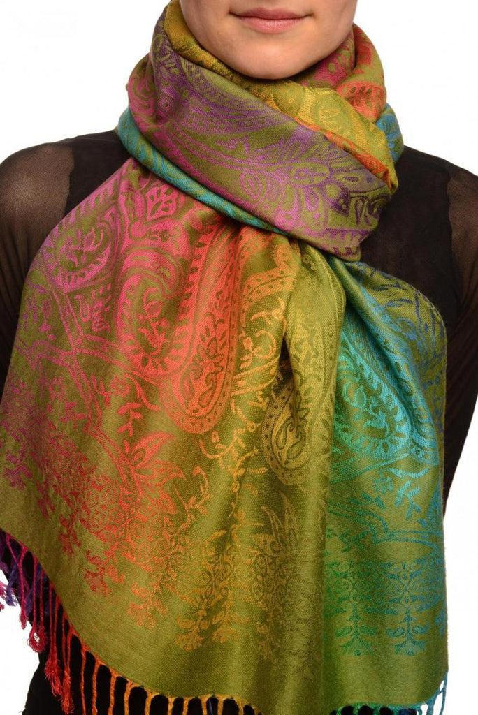 liss kiss Mirrored Ombre Paisleys On Olive Green Pashmina With Tassels - Scarf