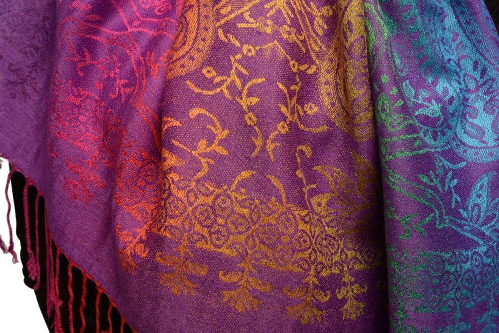 Liss Kiss Mirrored Ombre Paisleys On Perple Pashmina With Tassels - Scarf