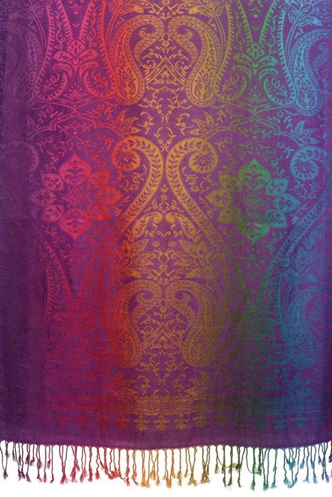 Liss Kiss Mirrored Ombre Paisleys On Perple Pashmina With Tassels - Scarf