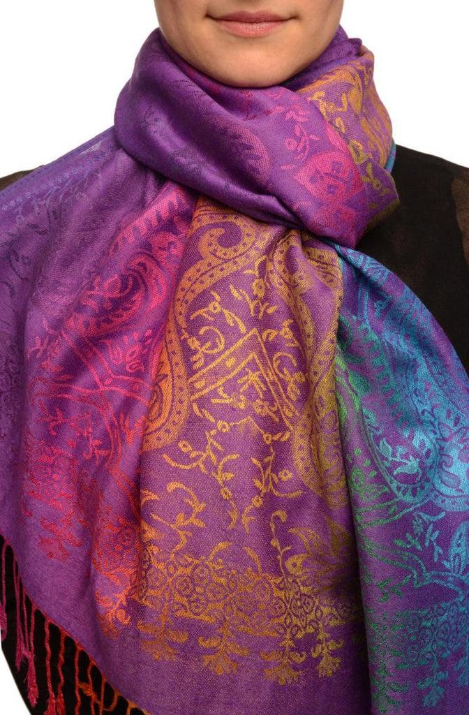 liss kiss Mirrored Ombre Paisleys On Perple Pashmina With Tassels - Scarf