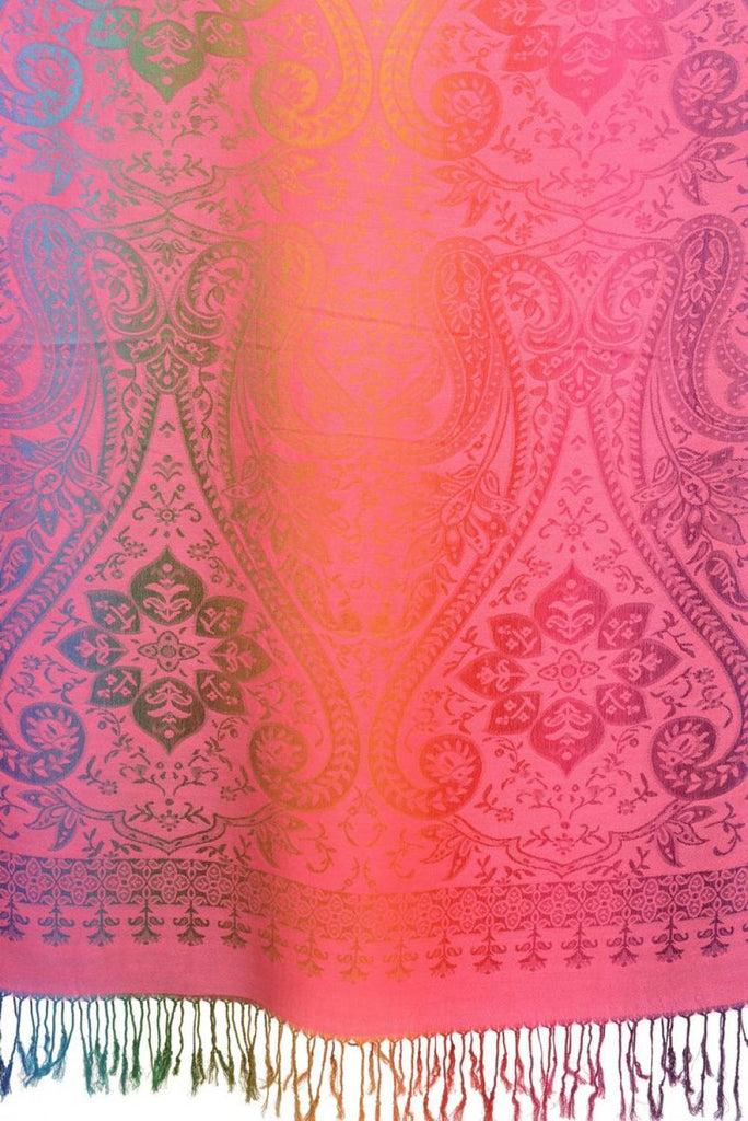 Liss Kiss Mirrored Ombre Paisleys On Pink Pashmina With Tassels - Scarf