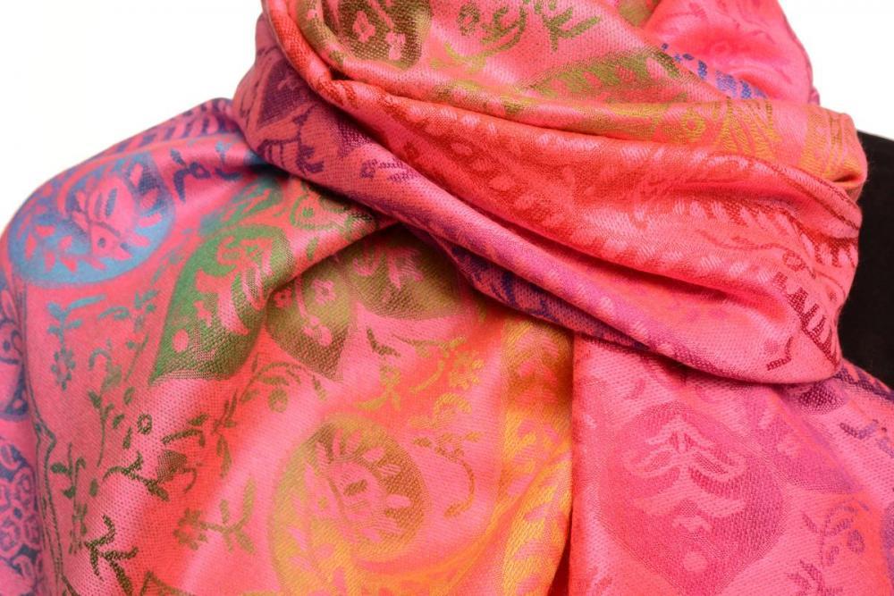 Liss Kiss Mirrored Ombre Paisleys On Pink Pashmina With Tassels - Scarf