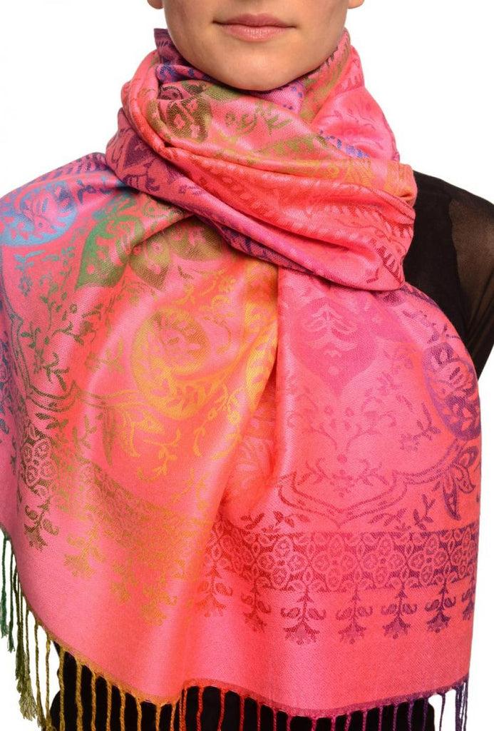 liss kiss Mirrored Ombre Paisleys On Pink Pashmina With Tassels - Scarf