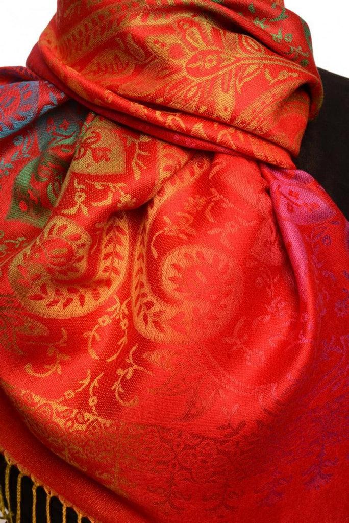 Liss Kiss Mirrored Ombre Paisleys On Red Pashmina With Tassels - Scarf