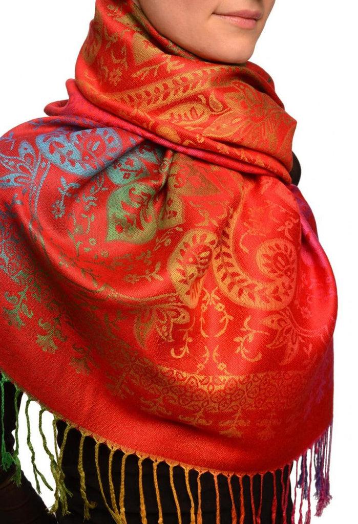 Liss Kiss Mirrored Ombre Paisleys On Red Pashmina With Tassels - Scarf