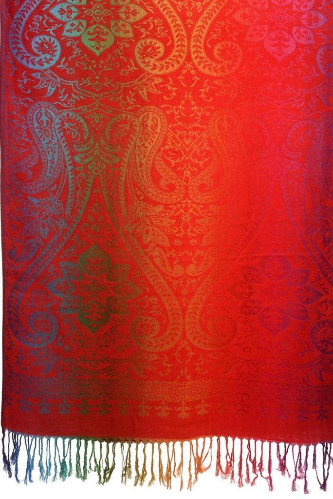 Liss Kiss Mirrored Ombre Paisleys On Red Pashmina With Tassels - Scarf