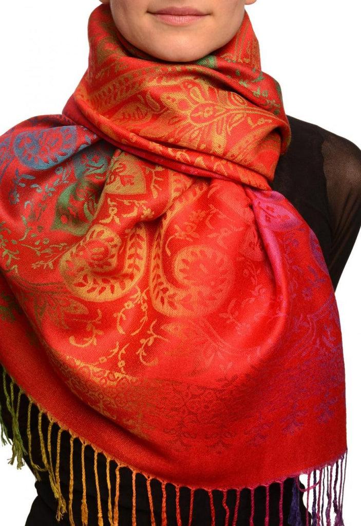 liss kiss Mirrored Ombre Paisleys On Red Pashmina With Tassels - Scarf