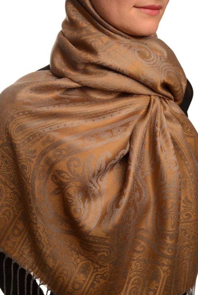 Liss Kiss Mirrored Paisley On Brown Pashmina With Tassels - Scarf