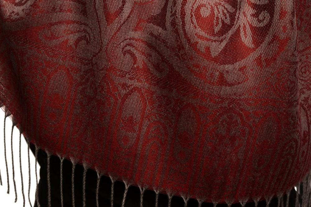 Liss Kiss Mirrored Paisley On Burgundy Red Pashmina With Tassels - Scarf