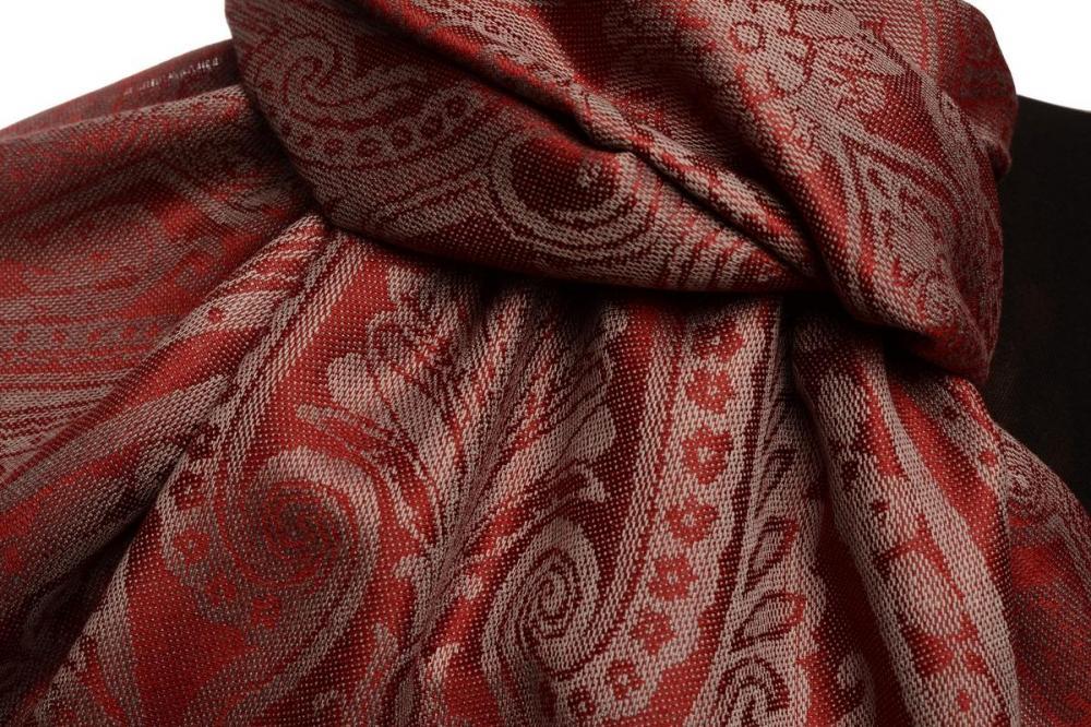Liss Kiss Mirrored Paisley On Burgundy Red Pashmina With Tassels - Scarf
