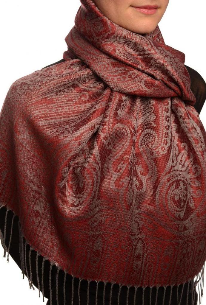Liss Kiss Mirrored Paisley On Burgundy Red Pashmina With Tassels - Scarf