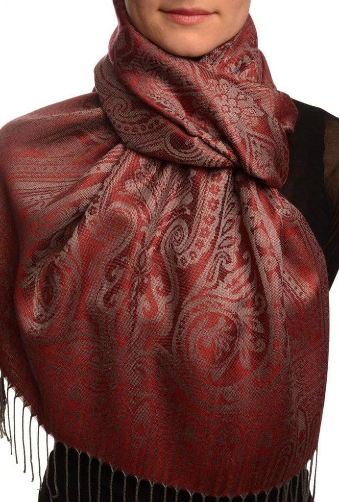 liss kiss Mirrored Paisley On Burgundy Red Pashmina With Tassels - Scarf