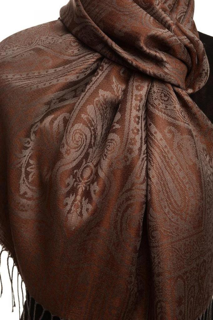 Liss Kiss Mirrored Paisley On Dark Brown Pashmina With Tassels - Scarf