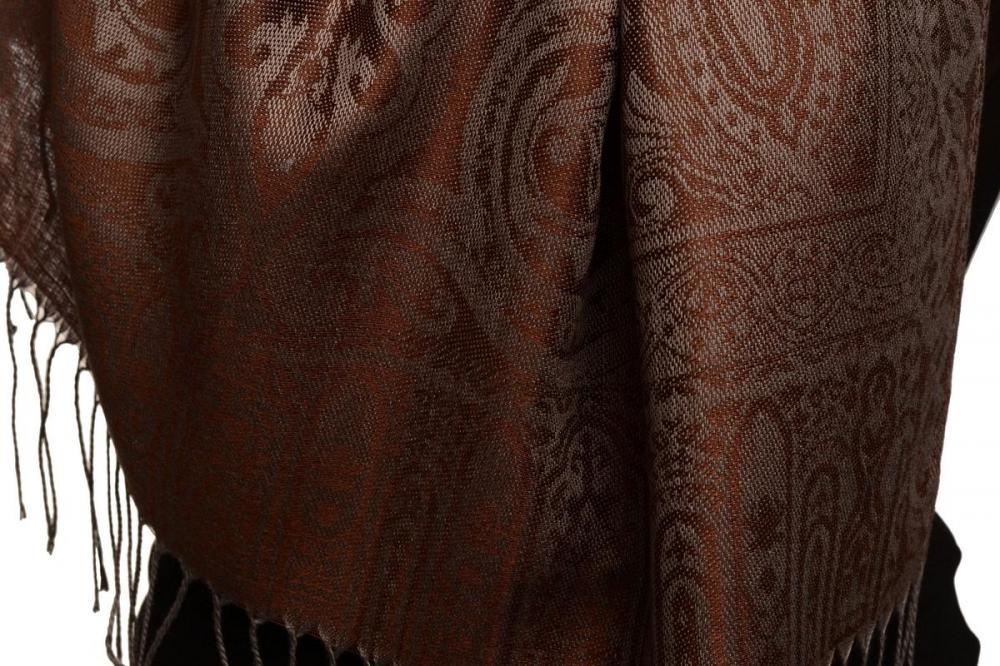 Liss Kiss Mirrored Paisley On Dark Brown Pashmina With Tassels - Scarf