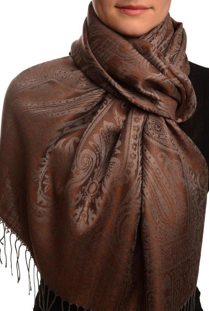 liss kiss Mirrored Paisley On Dark Brown Pashmina With Tassels - Scarf
