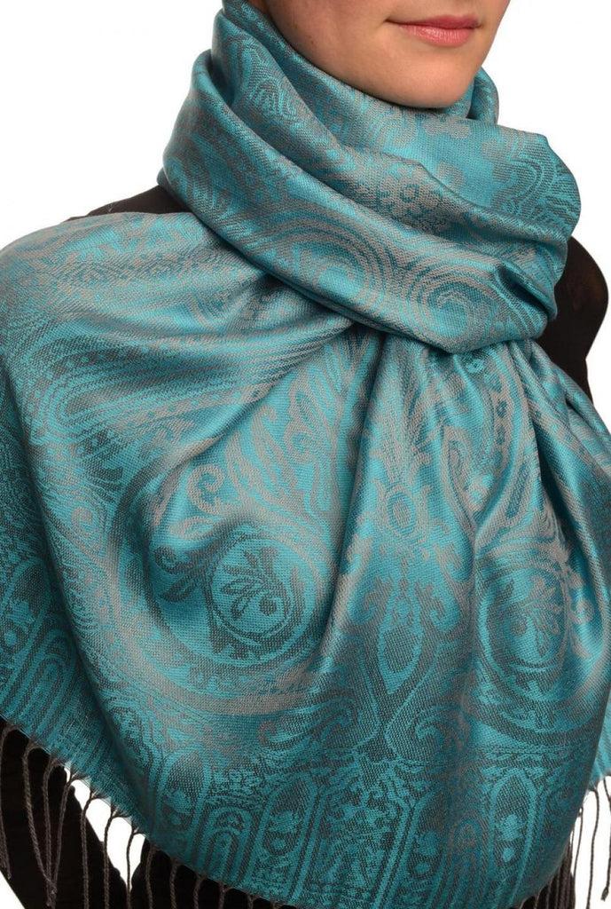 Liss Kiss Mirrored Paisley On Dodger Blue Pashmina With Tassels - Scarf