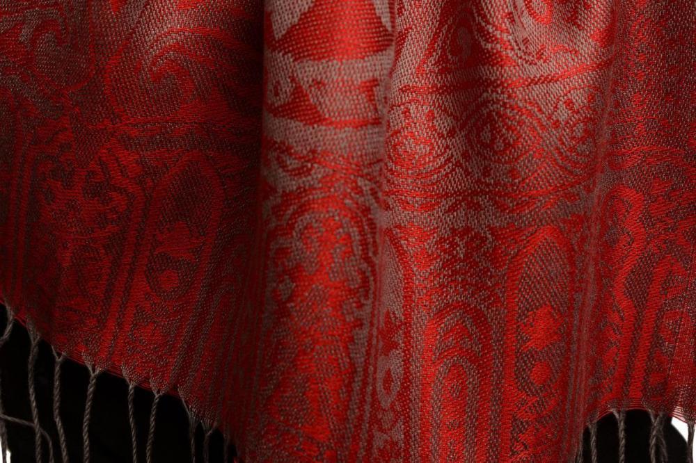 Liss Kiss Mirrored Paisley On Red Pashmina With Tassels - Scarf