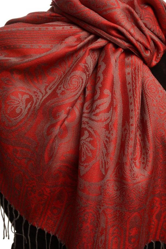 Liss Kiss Mirrored Paisley On Red Pashmina With Tassels - Scarf
