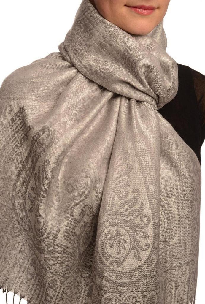 Liss Kiss Mirrored Paisley On Silver Grey Pashmina With Tassels - Scarf