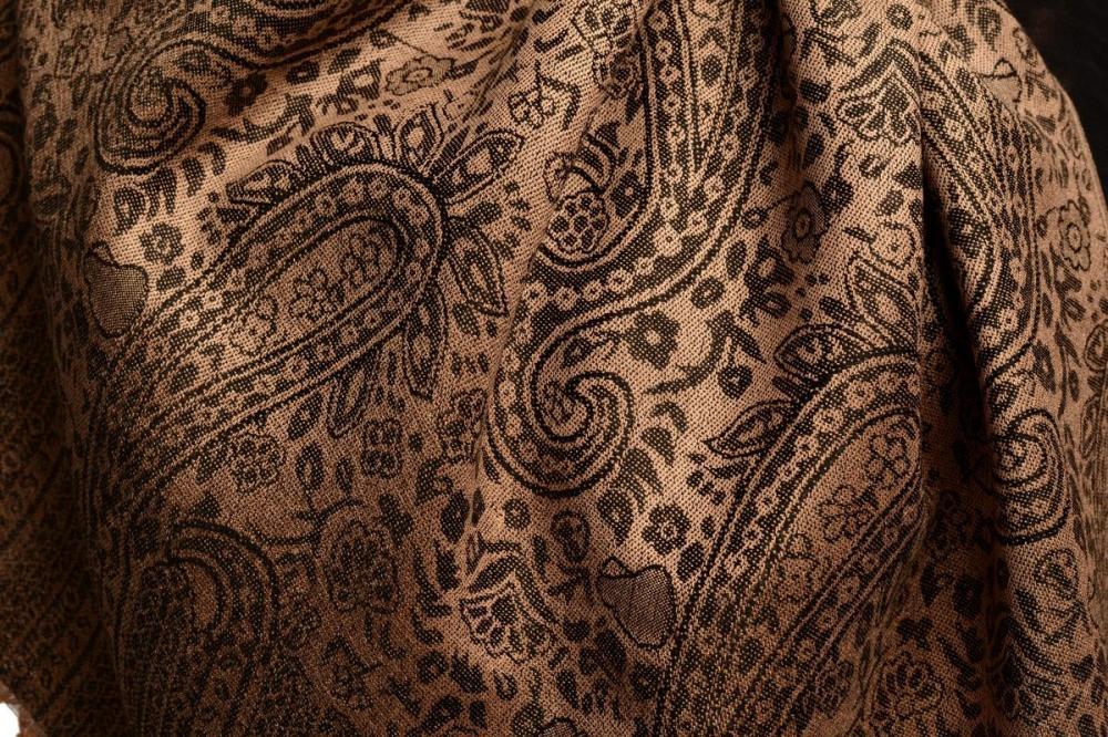 Liss Kiss Mocha & Black Paisleys Pashmina Feel With Tassels - Scarf
