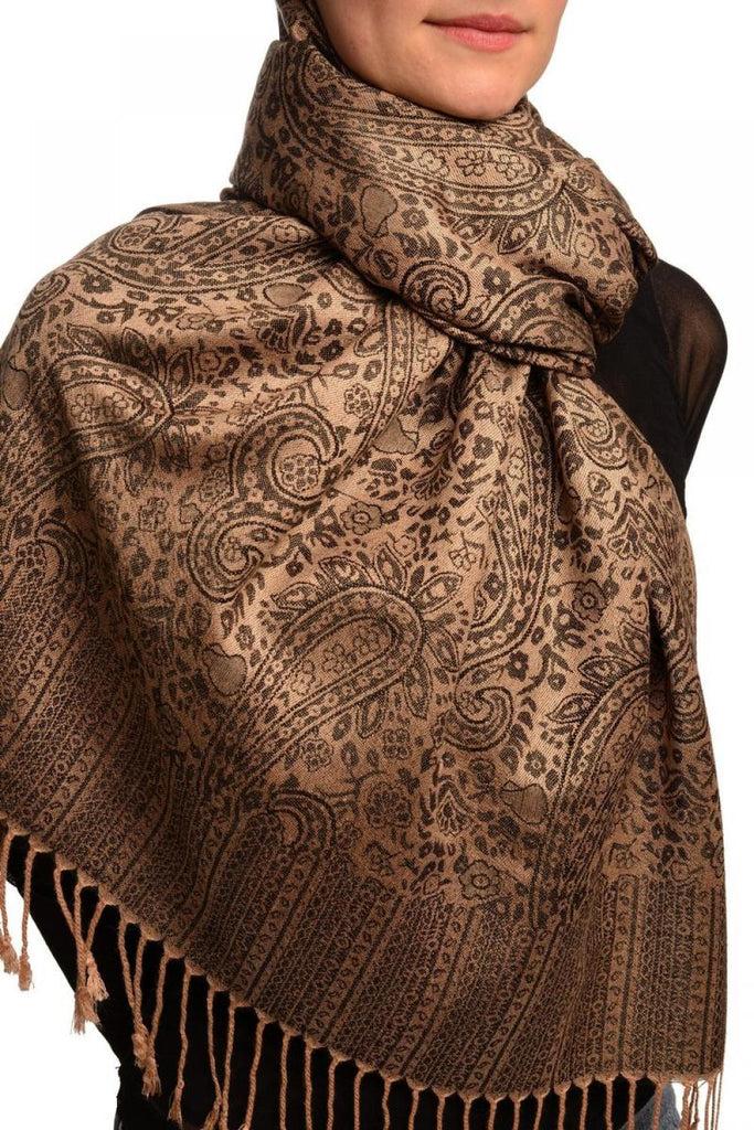Liss Kiss Mocha & Black Paisleys Pashmina Feel With Tassels - Scarf