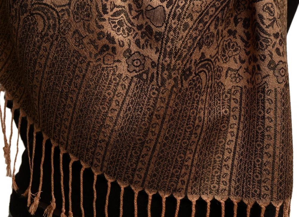 Liss Kiss Mocha & Black Paisleys Pashmina Feel With Tassels - Scarf