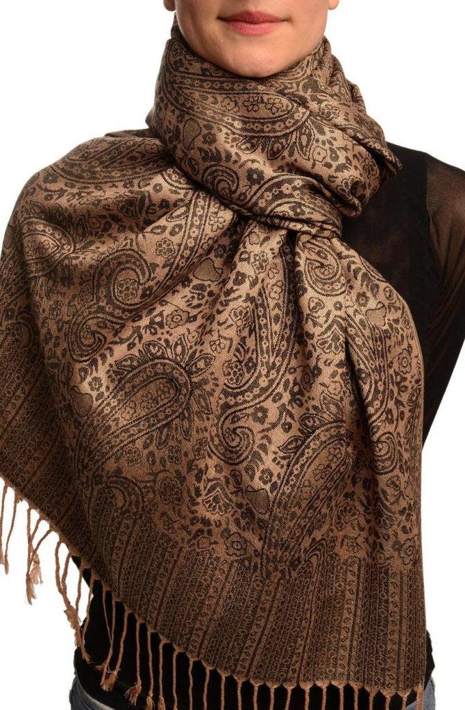 liss kiss Mocha & Black Paisleys Pashmina Feel With Tassels - Scarf