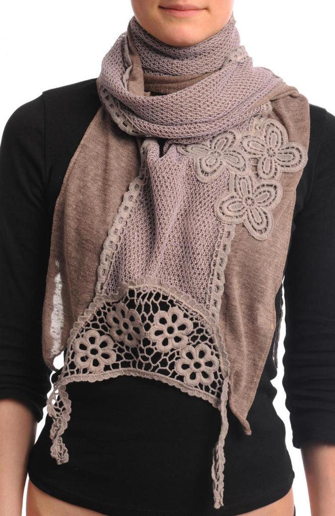 Liss Kiss Mocha Cotton With Lace & Flowers Trim - Scarf