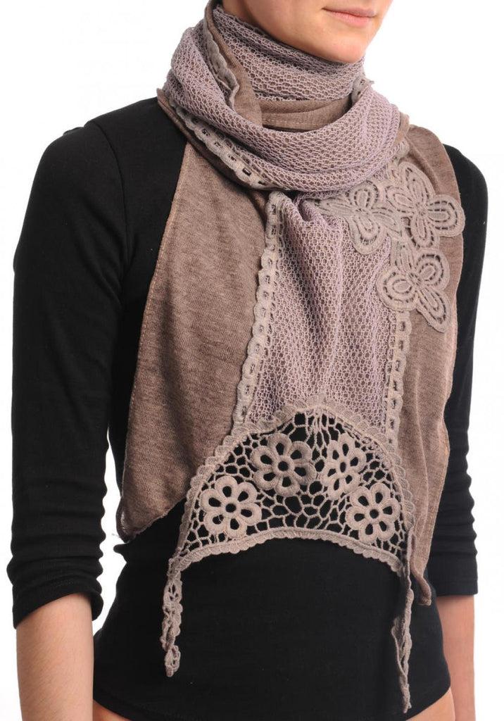 liss kiss Mocha Cotton With Lace & Flowers Trim - Scarf