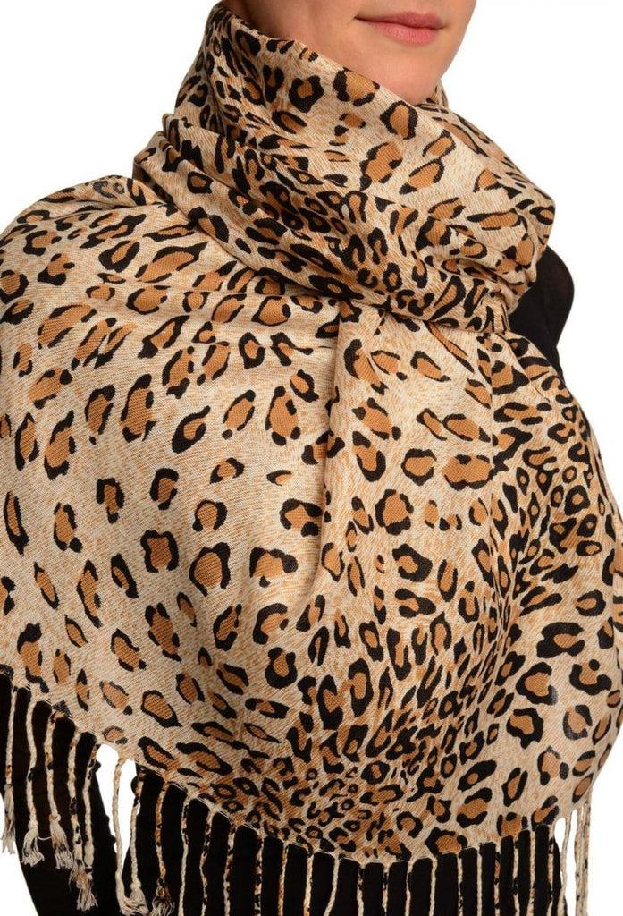 Liss Kiss Mocha Diagonal Leopard On White Pashmina Feel With Tassels - Scarf