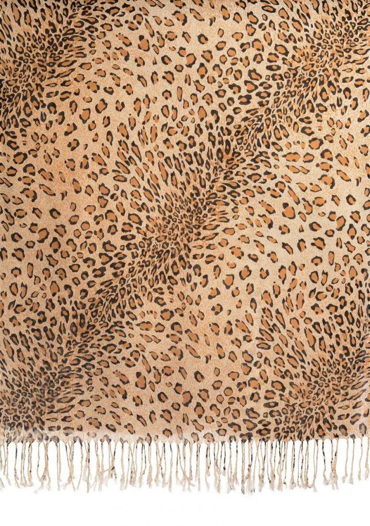 Liss Kiss Mocha Diagonal Leopard On White Pashmina Feel With Tassels - Scarf