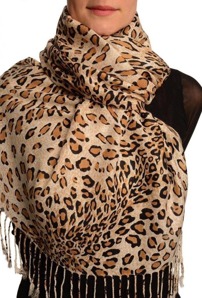 liss kiss Mocha Diagonal Leopard On White Pashmina Feel With Tassels - Scarf