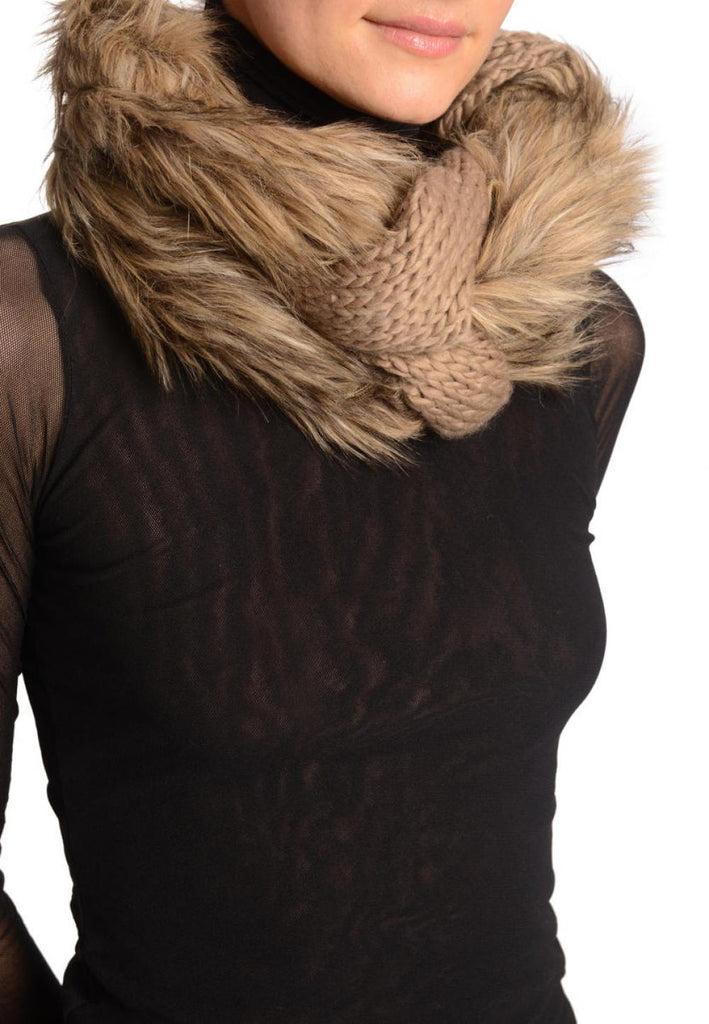 Liss Kiss Mocha Knitted Plait Style Snood With Faux Fur - Snood