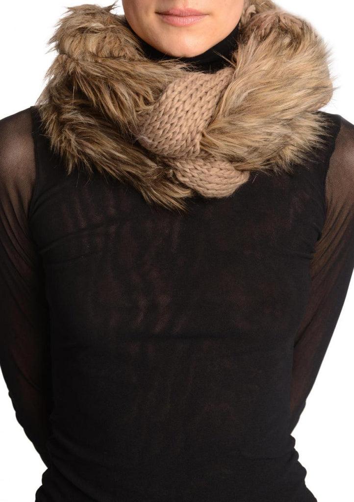 liss kiss Mocha Knitted Plait Style Snood With Faux Fur - Snood