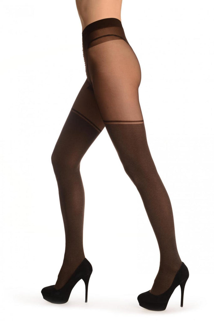 Liss Kiss Mocha Melange Faux Stockings & Opaque Top Stripe - Tights