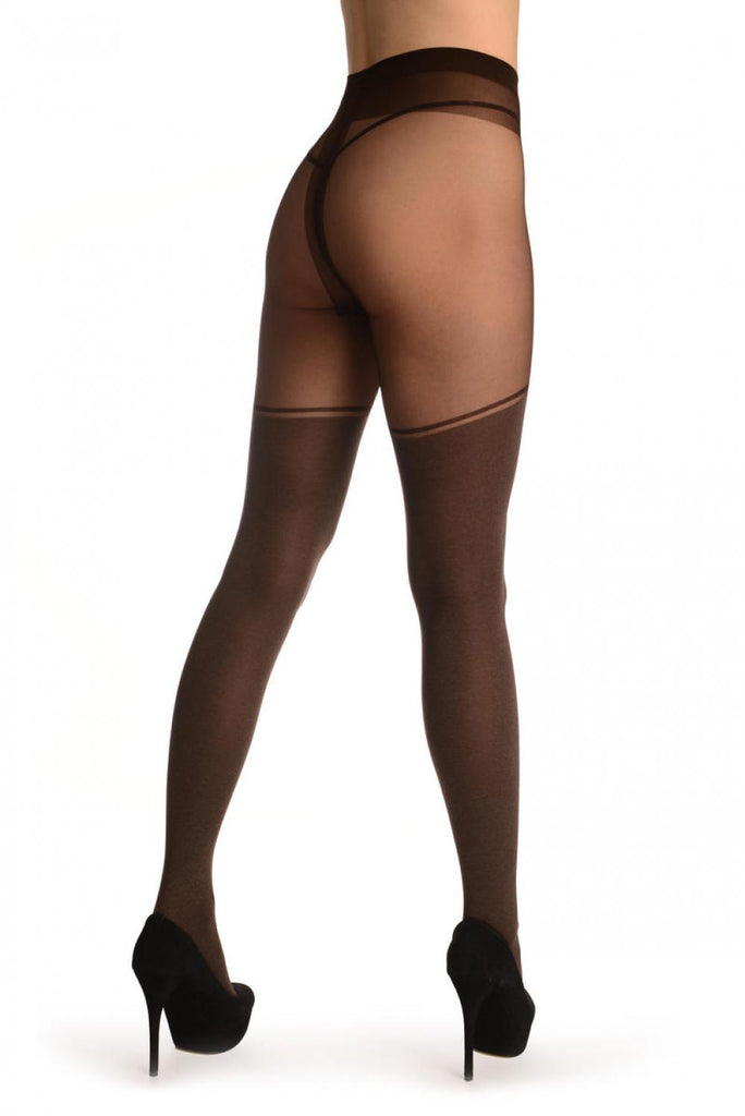 Liss Kiss Mocha Melange Faux Stockings & Opaque Top Stripe - Tights