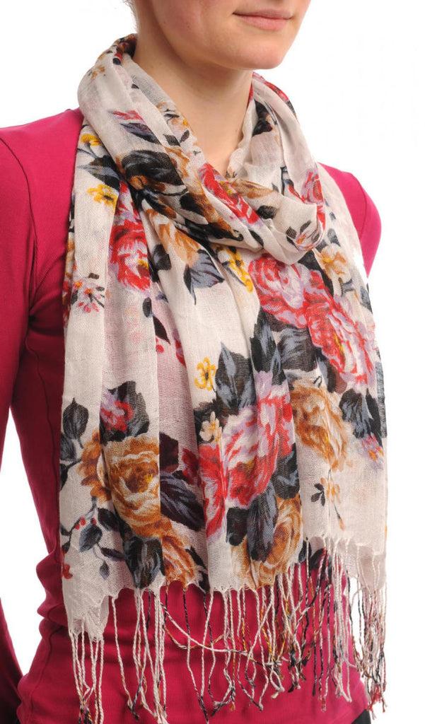 Liss Kiss Mocha Red & Purple Roses On White With Tassels - Scarf