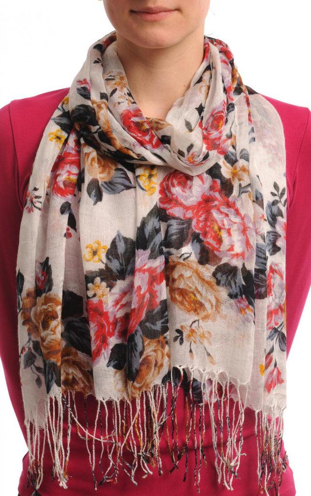 liss kiss Mocha Red & Purple Roses On White With Tassels - Scarf