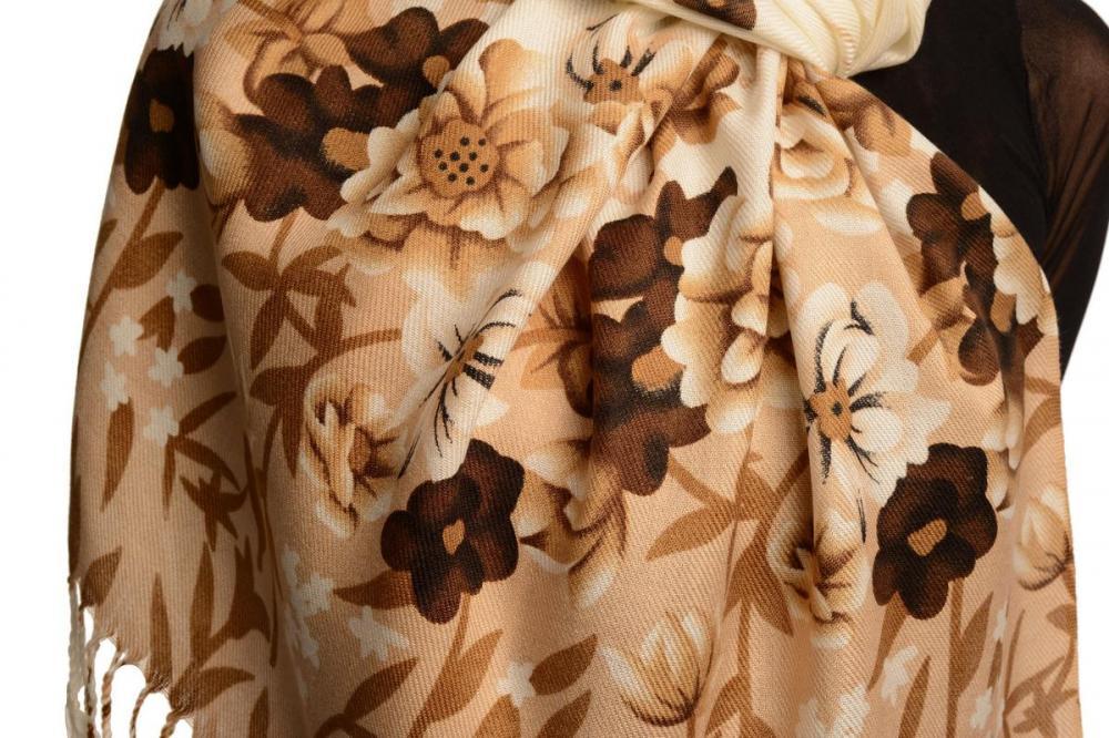 Liss Kiss Mocha Spring Flowers On White Pashmina Feel With Tassels - Scarf