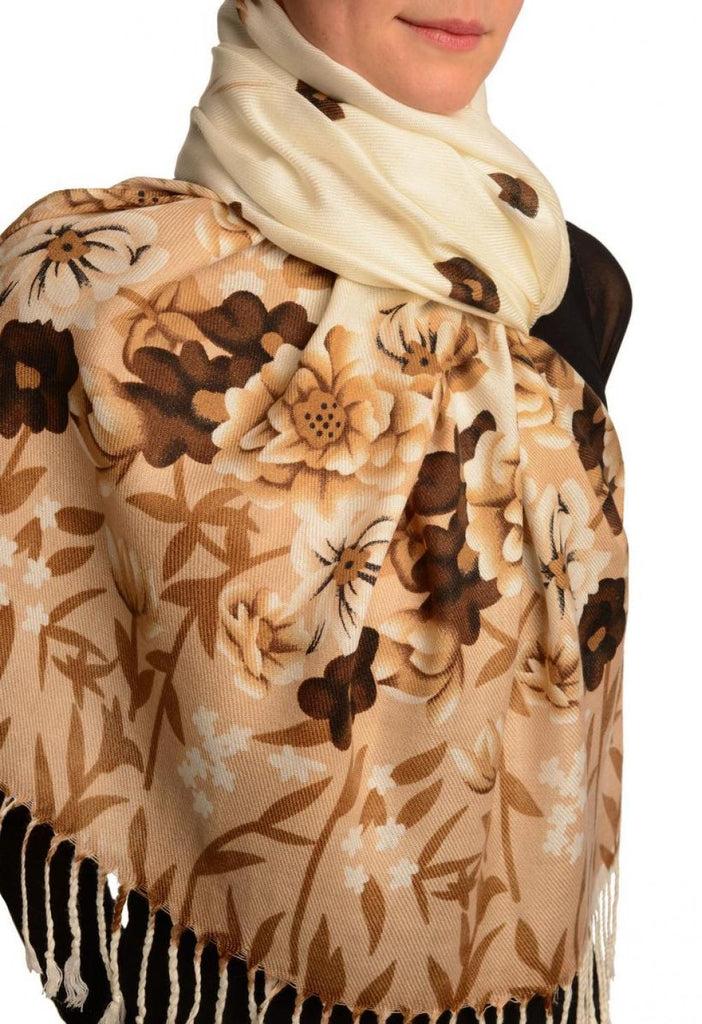Liss Kiss Mocha Spring Flowers On White Pashmina Feel With Tassels - Scarf