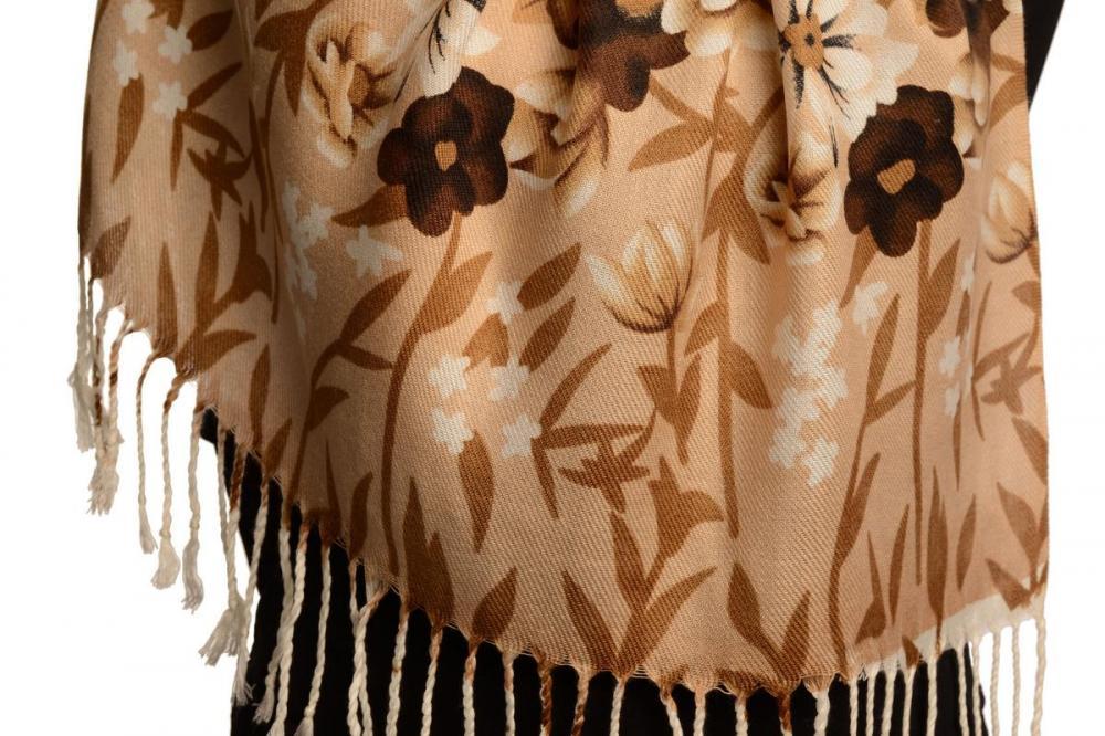 Liss Kiss Mocha Spring Flowers On White Pashmina Feel With Tassels - Scarf