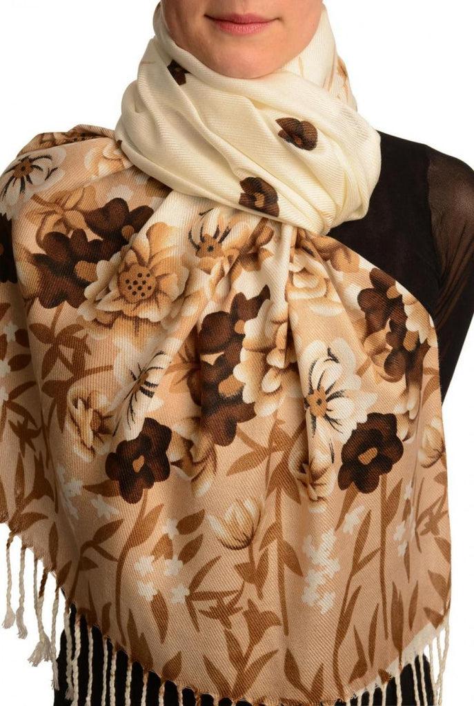 liss kiss Mocha Spring Flowers On White Pashmina Feel With Tassels - Scarf