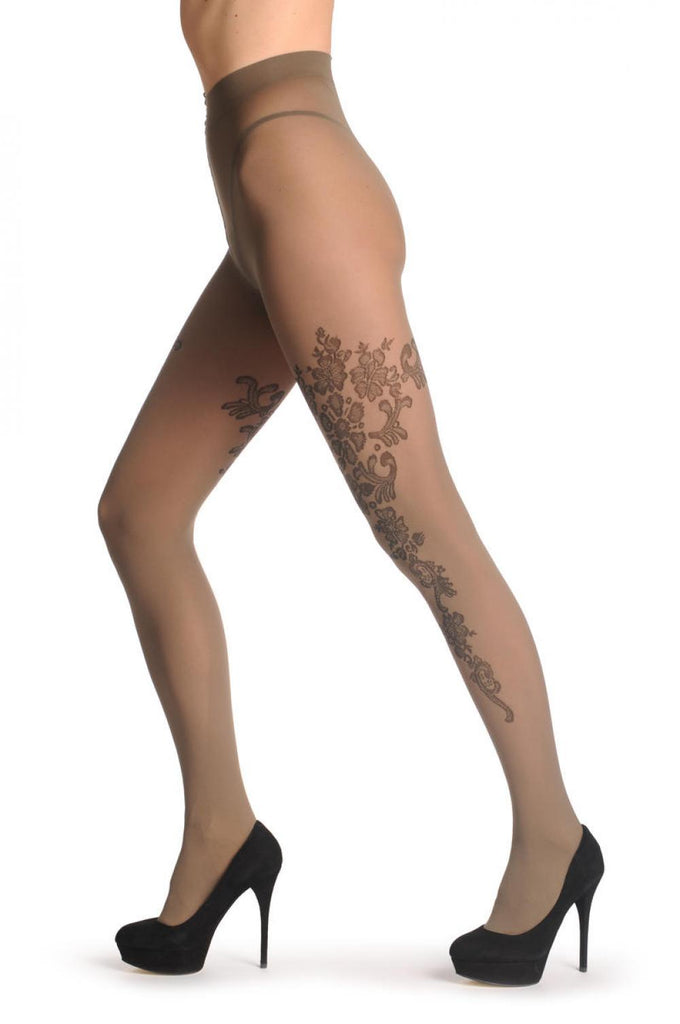 Liss Kiss Mocha With Brown Asymmetrical Flowers 60 Den - Tights